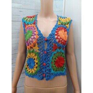 Vtg Street Wear Crochet Vest Granny Square Boho Festival Sz M